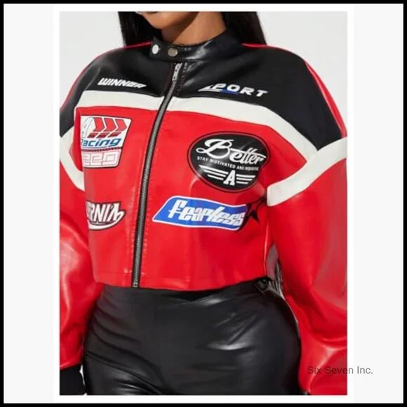 Motorcycle Letter Graphic Zip Up Leather Jacket Cropped Outwear - Picture 5 of 5